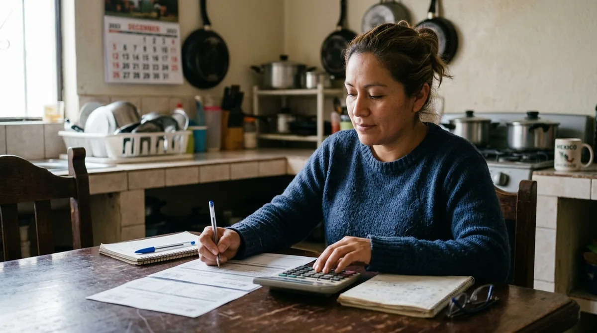 Persona sentada en la mesa de su cocina calculando su aguinaldo con calculadora, recibos de nómina sin datos legibles y un calendario de diciembre al fondo