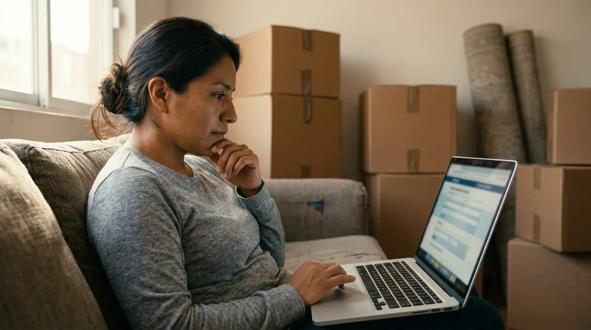 Mujer sentada en el sillón de su casa recién mudada, con cajas de cartón al fondo, revisando un formulario en su laptop sin datos visibles
