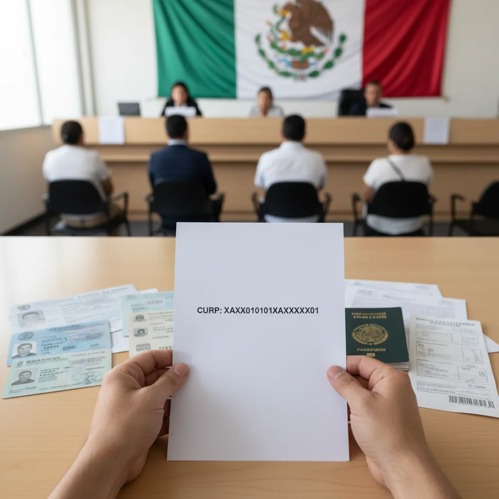 Comprobante de CURP junto con identificación oficial y pasaporte