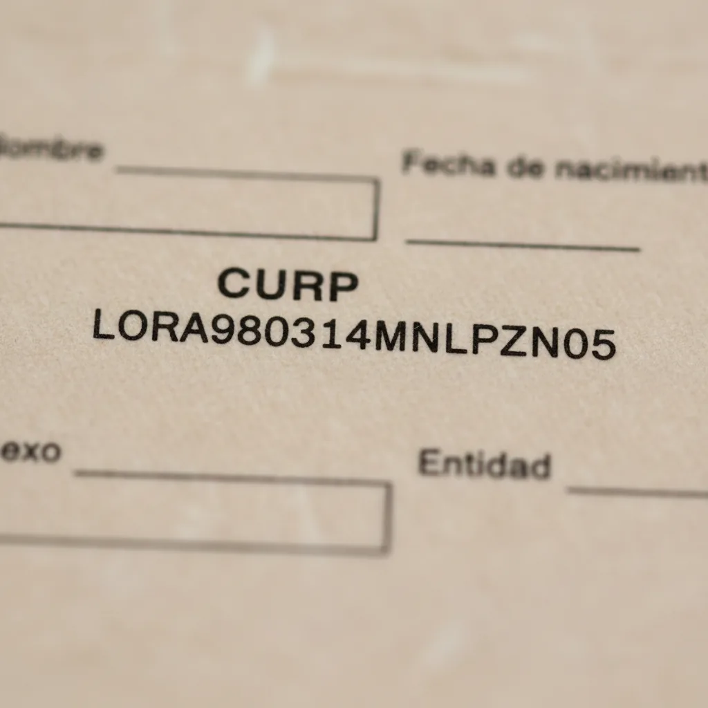 Ejemplo de una CURP impresa en un comprobante oficial sobre una mesa