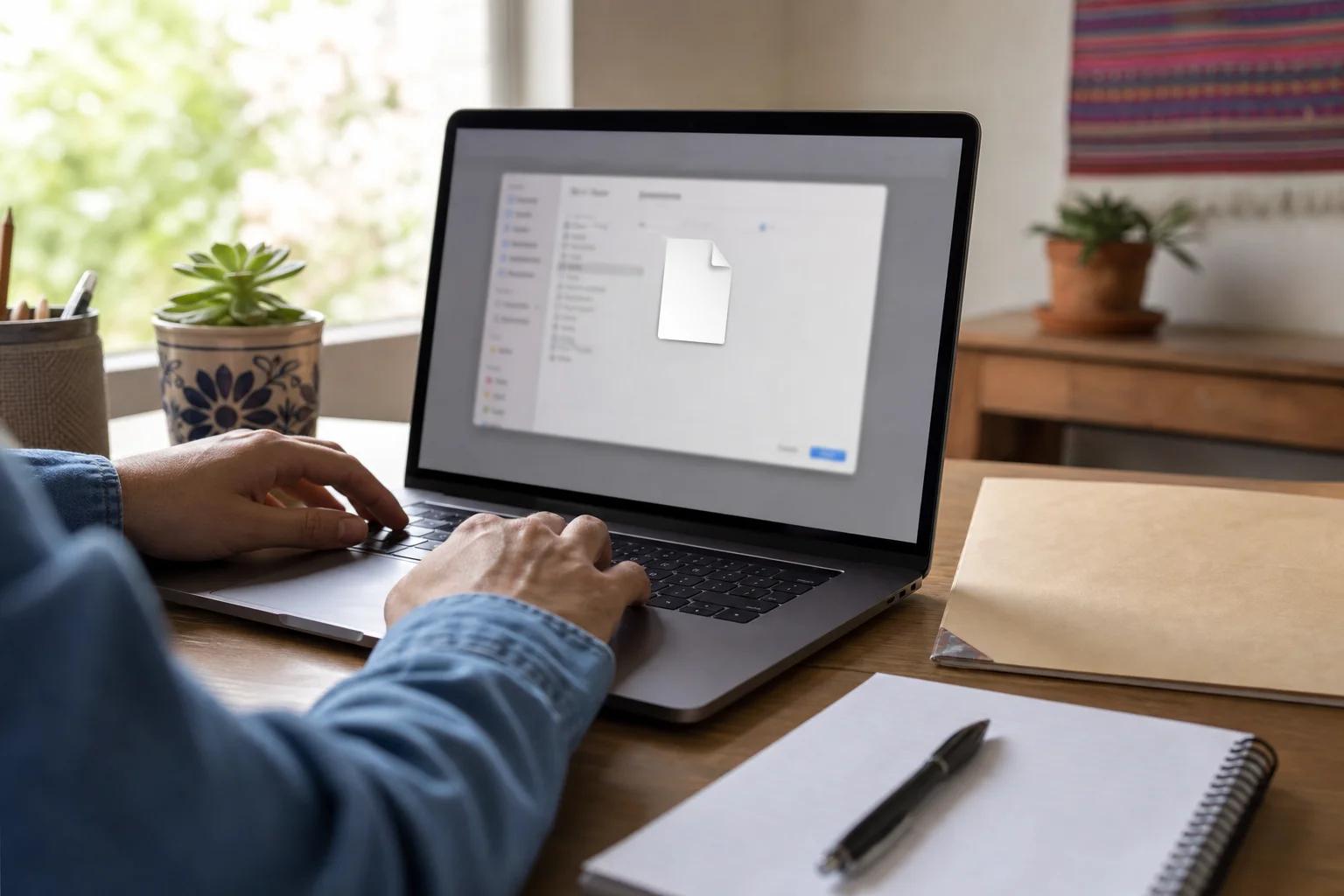 Persona descargando una copia certificada digital de acta de nacimiento en una laptop, pantalla sin texto legible, ambiente de hogar mexicano