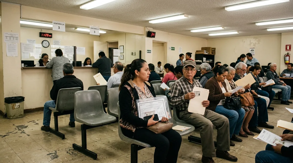 Sala de espera de un módulo de atención mexicano con varias personas sentadas sosteniendo identificaciones y documentos, esperando su turno