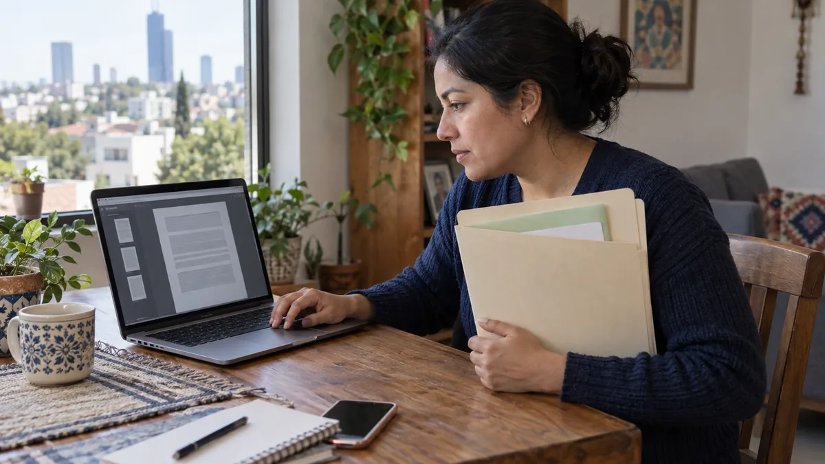 Persona adulta realiza un trámite oficial desde una laptop y prepara CURP, correo y método de pago, con pantalla desenfocada y sin datos personales ni logos