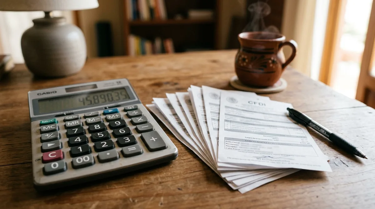Persona revisando documentos fiscales y una laptop con gráficas financieras sobre un escritorio de oficina en casa, luz natural de ventana