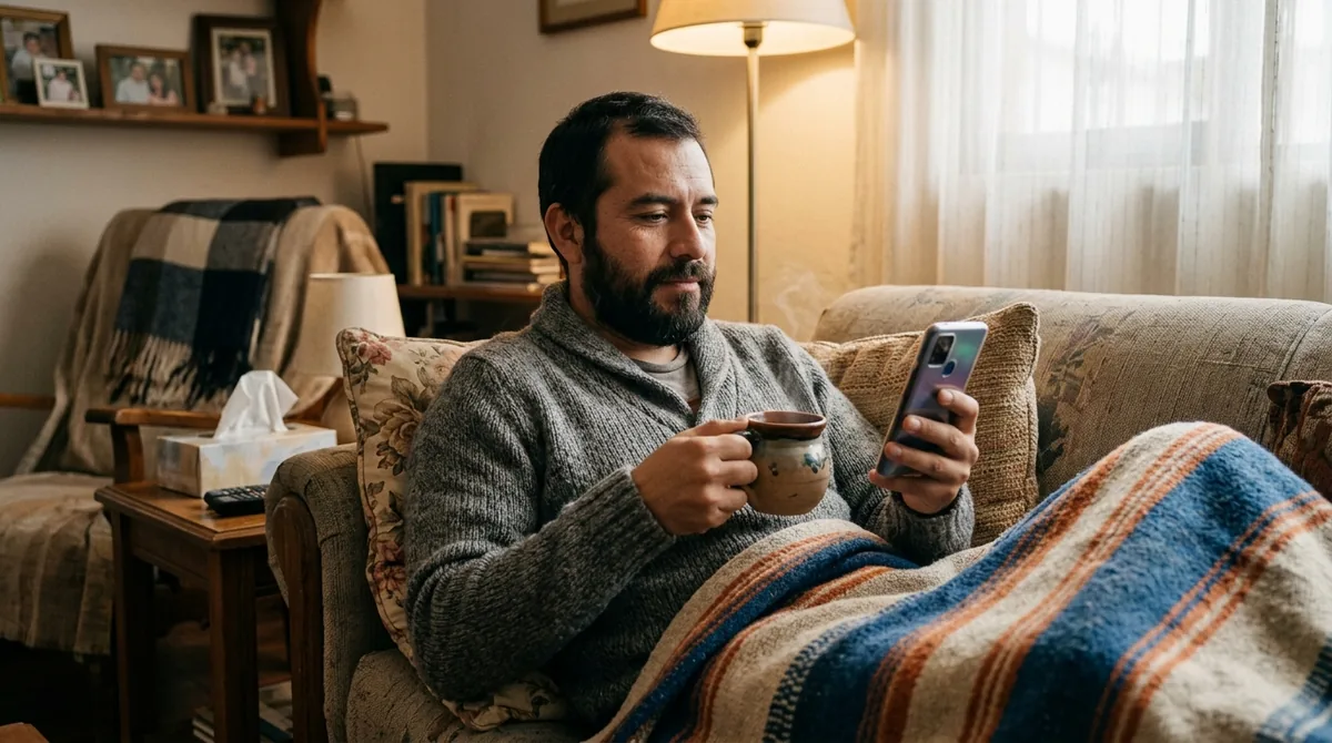 Hombre en reposo en el sillón de su casa, tapado con una cobija, con una taza en la mano mientras revisa su celular