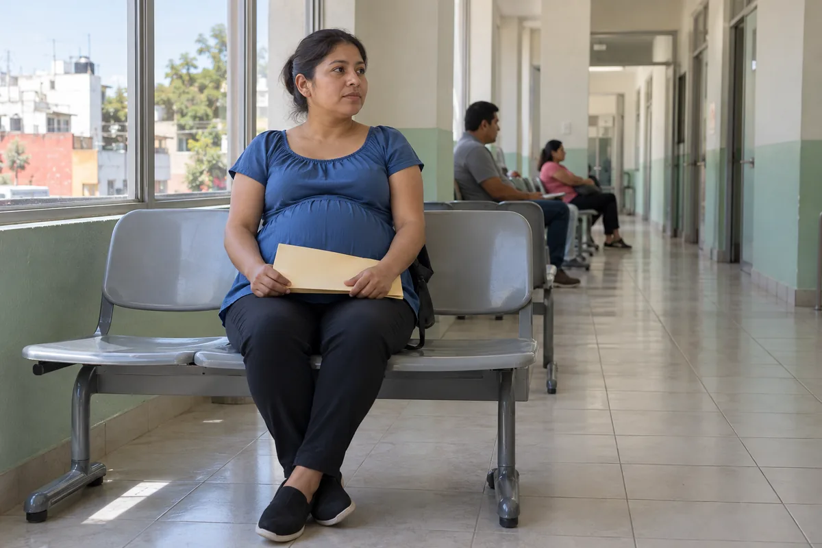 Mujer embarazada sentada en la sala de espera de una clínica con un sobre de documentos sobre las piernas