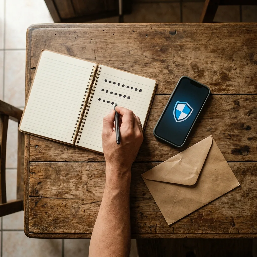 Persona creando una cuenta gubernamental desde un teléfono, con correo y CURP representados mediante iconos neutros y una libreta al lado, sin datos personales ni logos inventados