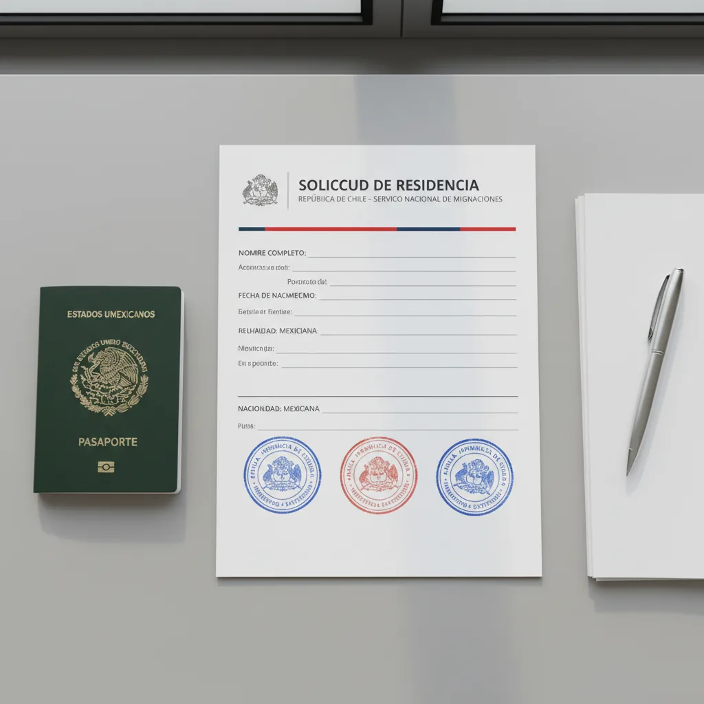 Pasaporte mexicano y documentos de residencia sobre una mesa