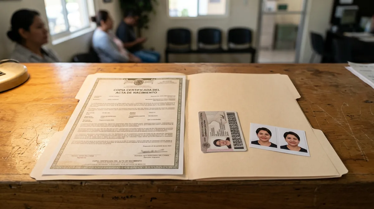 Escritorio de una oficina de pasaportes con acta de nacimiento, credencial de elector y fotografías tamaño pasaporte
