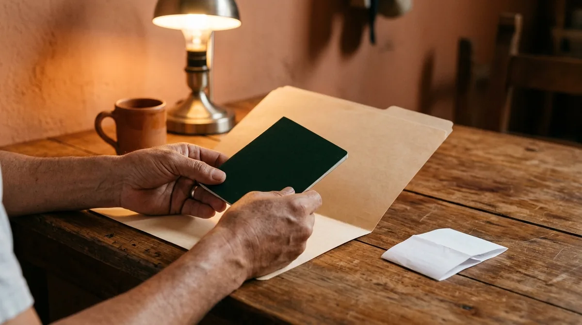 Una persona prepara en una mesa doméstica su pasaporte mexicano anterior y un comprobante de pago neutro antes de acudir a una cita, sin datos legibles