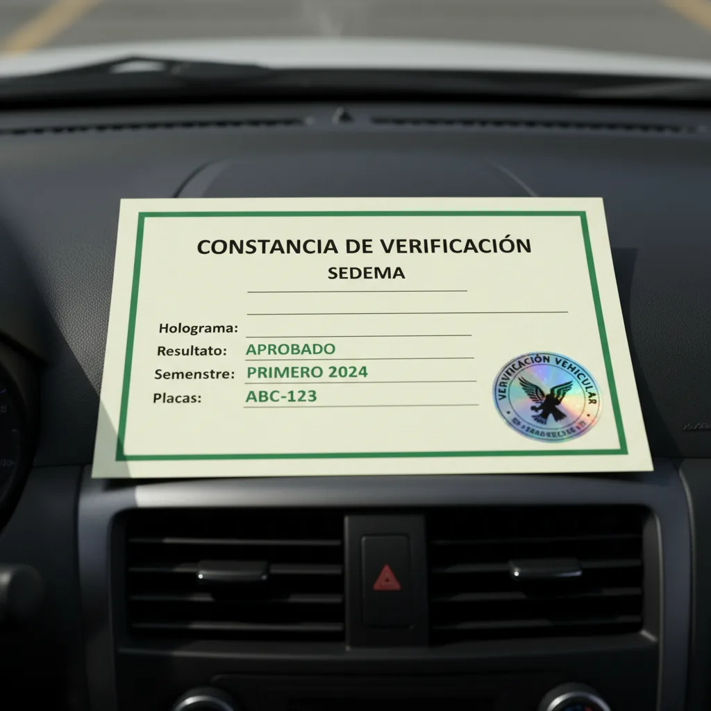 Holograma de verificación vehicular y constancia oficial sobre el tablero de un auto